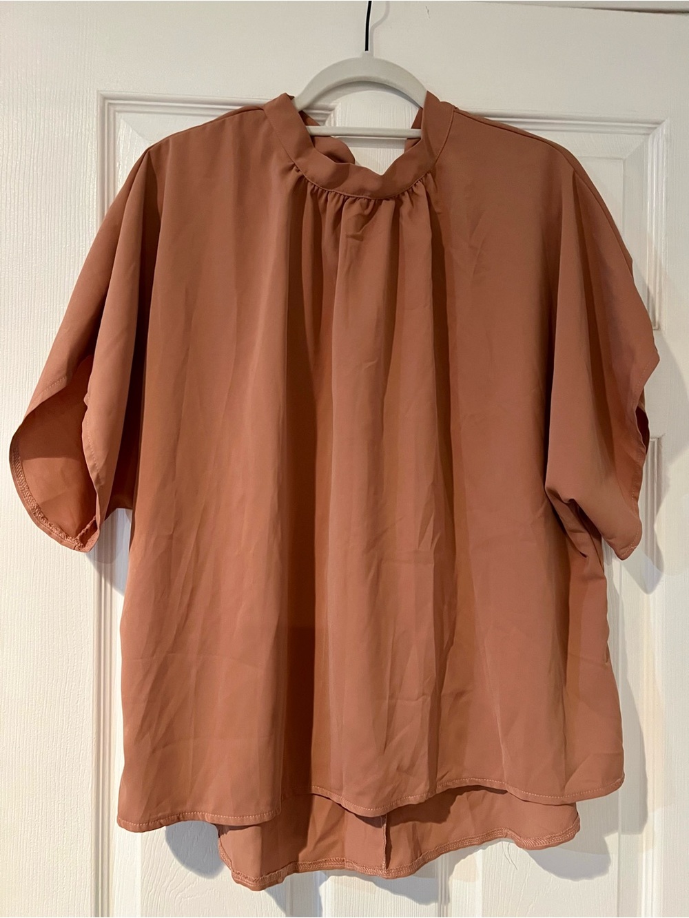Womens Rust Short-Sleeve Gathered Neck Blouse